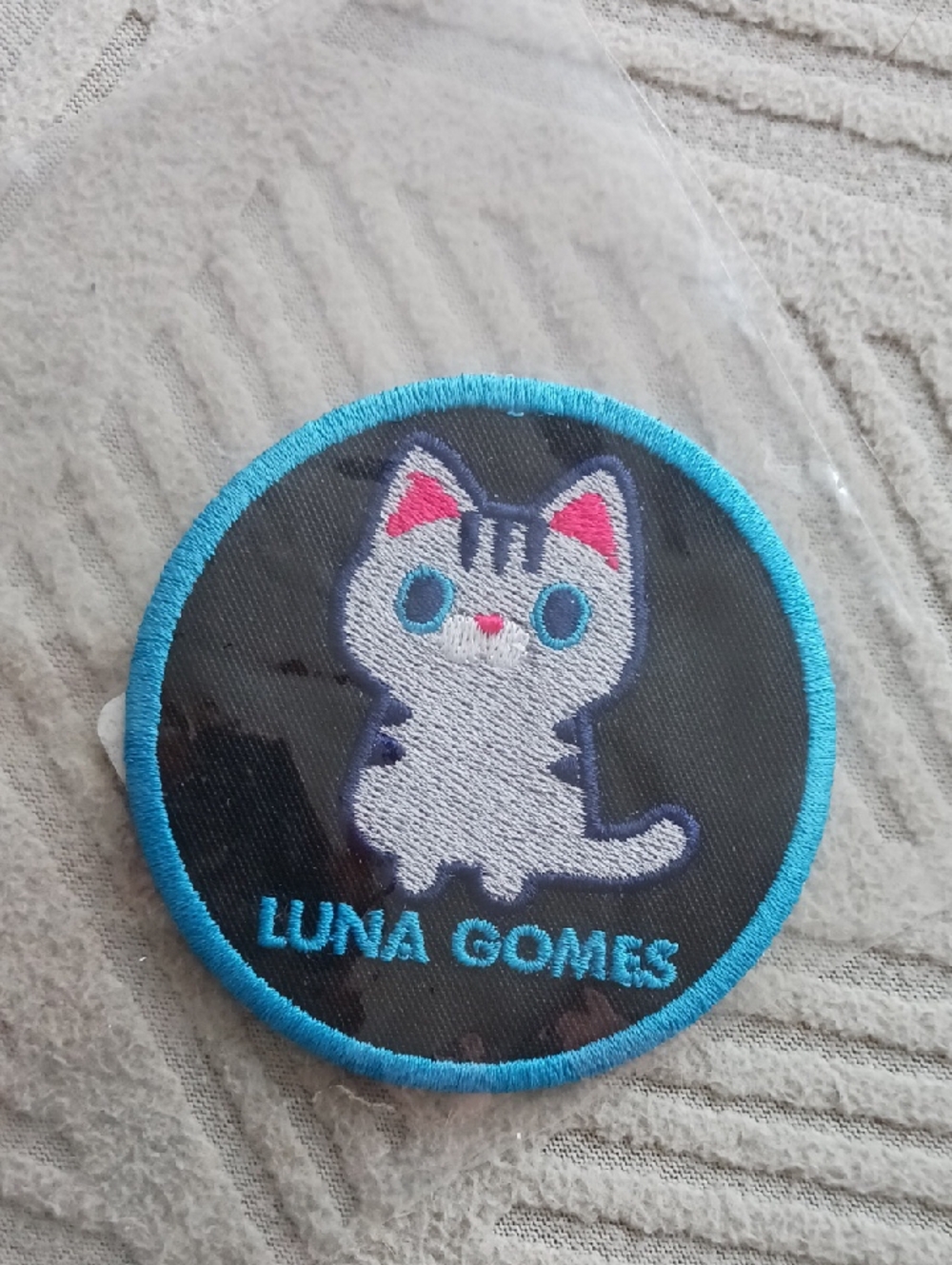 Embroidered Cat Patch - Blue Trim with Pink & Teal Accents
